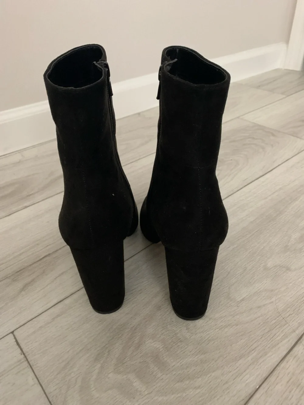 BCBG Black Suede Ankle Booties with Block Heel